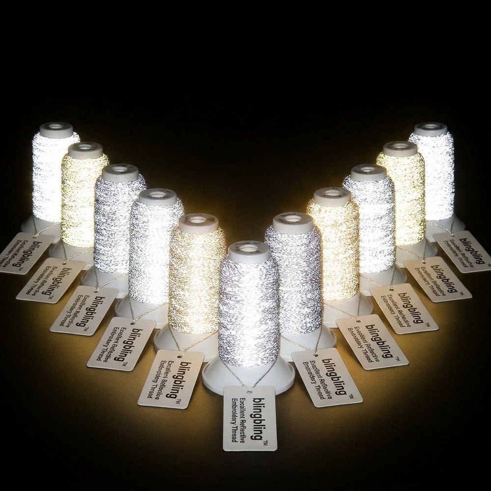 Reflective embroidery thread glowing when light hits it